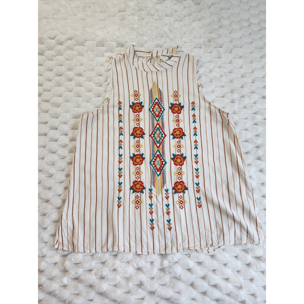 Savanna Jane Embroidered‎ Striped Sleeveless Tank Top Mock Neck Blouse S